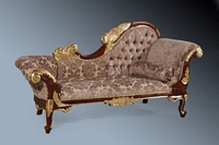 The Flower Carved Chaise: Walnut & Gold Leaf & Mocha Damask Velvet