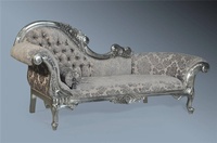 The Flower Carved Chaise Longue: Antique Silver Leaf & Grey Damask