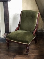 SOLD Original Victorian Antique Forest Green Velvet Ladies Fireside Chair Circa 1800's