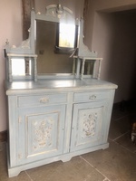 SOLD Victorian Antique Mahogany Teal Blue Gold Vintage Dressing Table Chest Sideboard Cupboard Mirror
