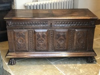Rare Original Antique LARGE HEAVILY CARVED Pawed English Oak Coffer Chest Trunk 1700'S
