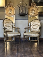 SOLD Pair of Antique Vintage French Gilt wood Gold Leaf Salon Upholstered Arm Chairs Chair