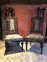 Pair Antique Hand Carved Oak Victorian Jacobean Gothic Throne Crown Hall Chairs x 2