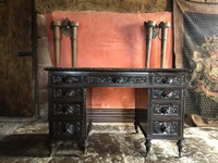Antique Victorian Period Carved Gothic Oak Greenman Carved Intricate Ornate Brown Leather Office Desk