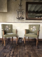 SOLD Rare Pair of Antique Walnut Woven Green Tapestry Chippendale Chairs Armchairs