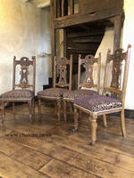 Antique Arts and Crafts Original Casters Ornately Carved Oak Period Plum Gold Chairs x 4
