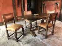 Vintage Tan Leather Oak Drawleaf Cromwellian Dining Suite Table & 4 Chairs