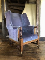 Fine Quality Heavy Inlaid Mahogany Marquetry Antique Victorian Blue Velvet Highback Wingback Armchair Chair