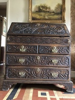 Exceptional English Rare Orignal Fine Antique Heavily CARVED Bureau Writing Desk Chest of Drawers 1770c