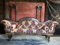 Original Antique Mahogany Double Ended Sofa Chaise Longue Claret Red & Old Gold Velvet Cut Damask Circa 1800s