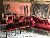 Antique Victorian Walnut Crushed Red Caret Crushed Velvet Chaise Lounge Lounge & Four Chairs Suite C 1860