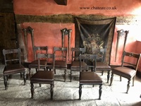 Antique Victorian Period Vintage Brown Leather Gothic Oak Carved Dining Hall Chairs SET Of 8
