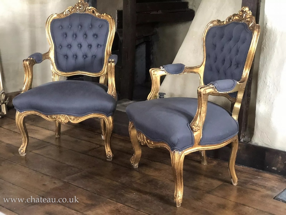SOLD - Pair of Gilt Antique French Louis XV Fauteuil Gold Blue Grey Armchairs c1800's