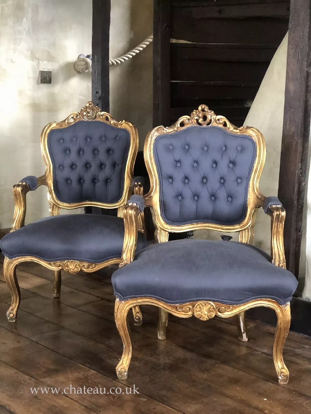 SOLD - Pair of Gilt Antique French Louis XV Fauteuil Gold Blue Grey Armchairs c1800's