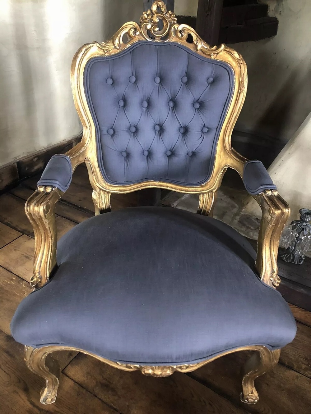 SOLD - Pair of Gilt Antique French Louis XV Fauteuil Gold Blue Grey Armchairs c1800's