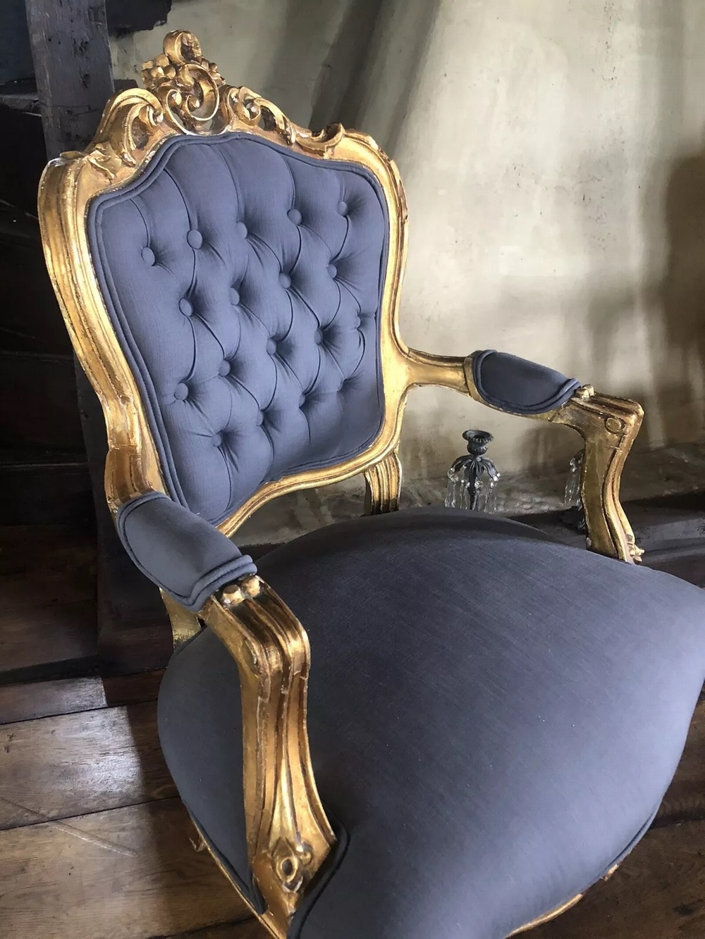 SOLD - Pair of Gilt Antique French Louis XV Fauteuil Gold Blue Grey Armchairs c1800's