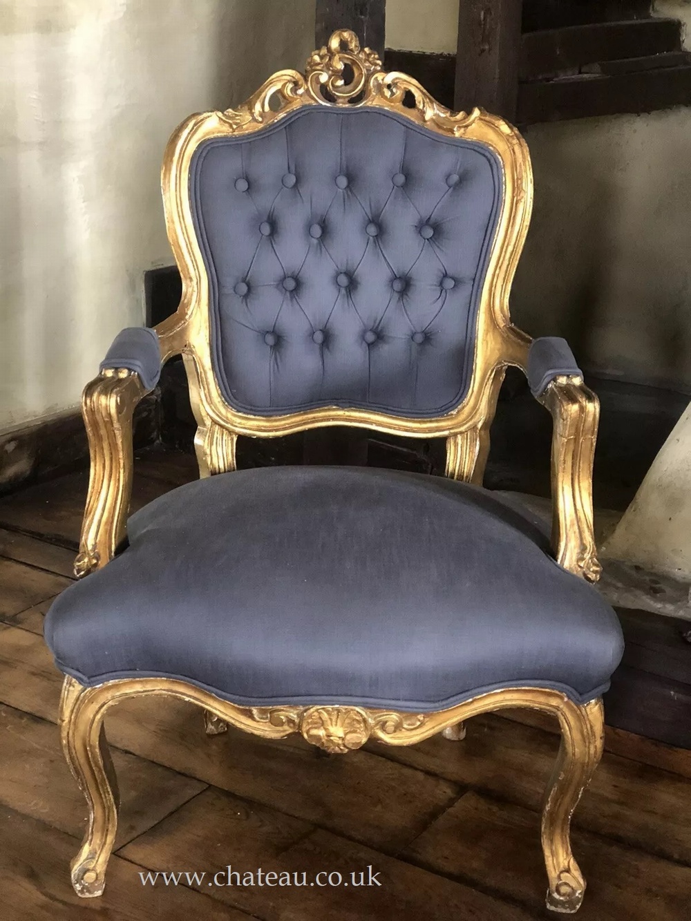 SOLD - Pair of Gilt Antique French Louis XV Fauteuil Gold Blue Grey Armchairs c1800's