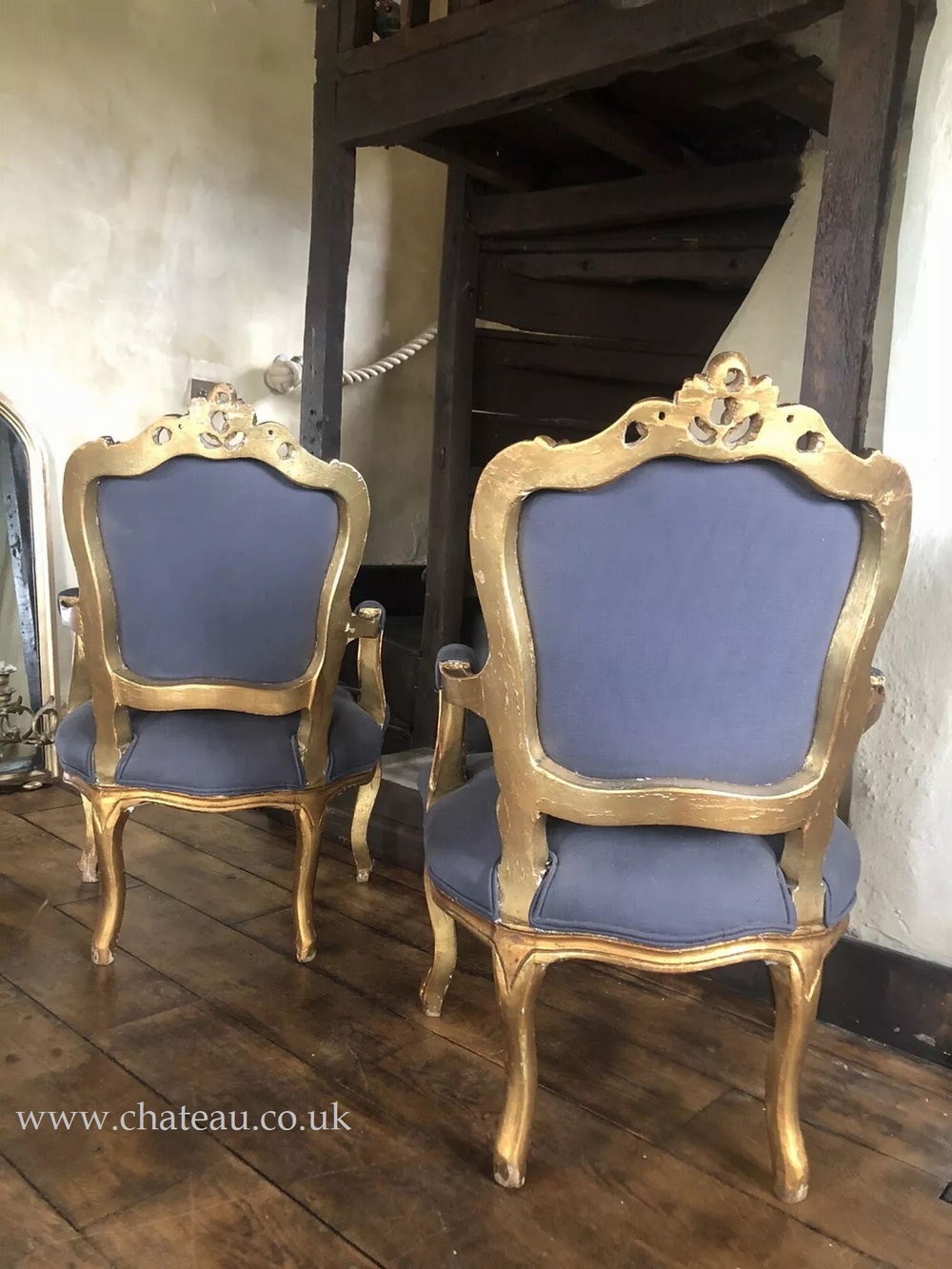 SOLD - Pair of Gilt Antique French Louis XV Fauteuil Gold Blue Grey Armchairs c1800's