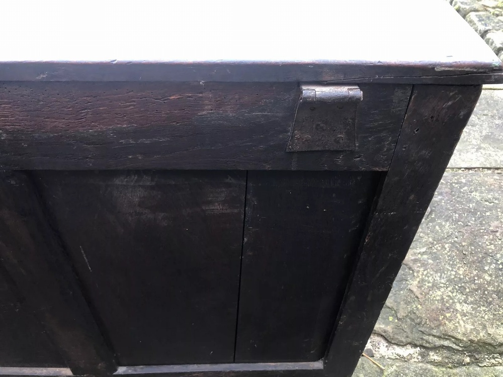 Original English Carved Oak Antique Mule Dower Trunk Coffer Blanket Chest Circa 1700's