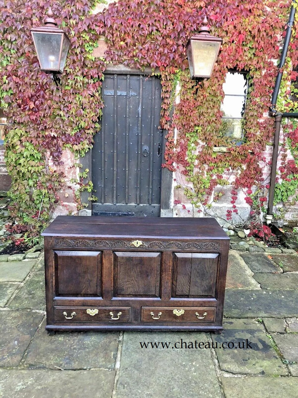 Original English Carved Oak Antique Mule Dower Trunk Coffer Blanket Chest Circa 1700's