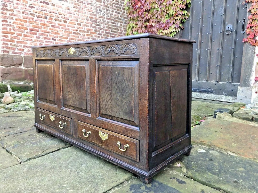 Original English Carved Oak Antique Mule Dower Trunk Coffer Blanket Chest Circa 1700's