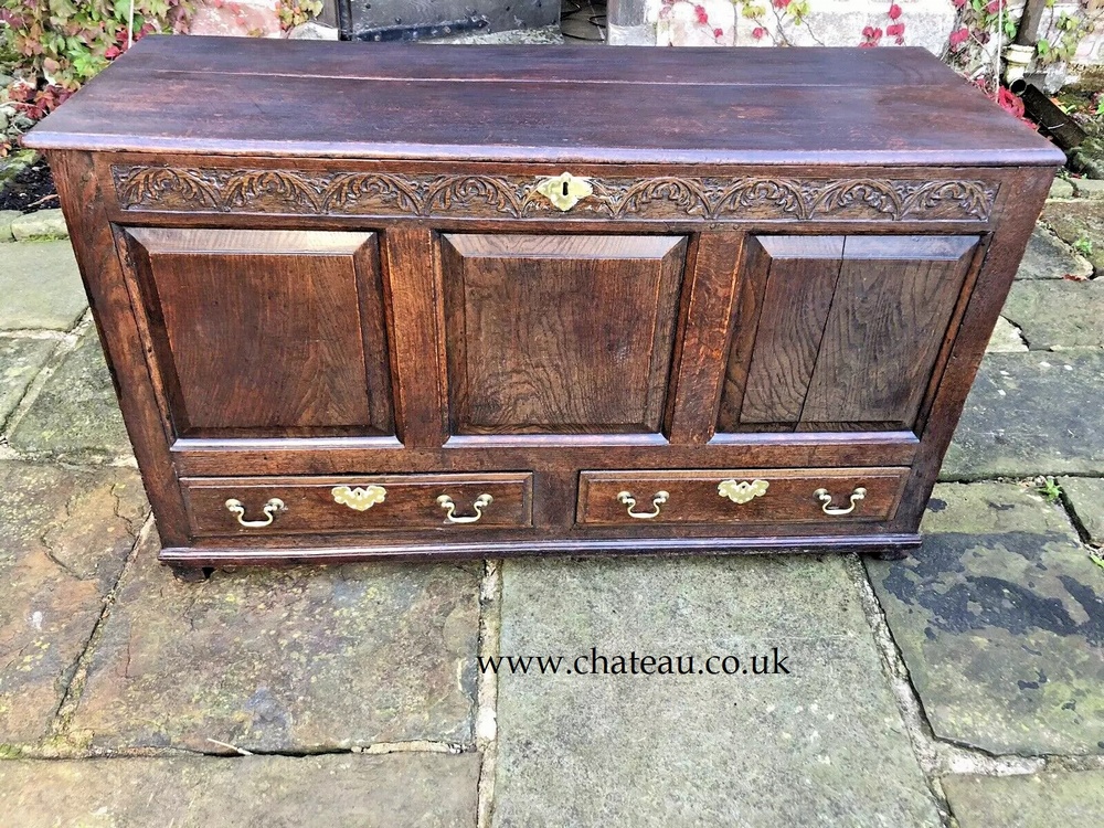 Original English Carved Oak Antique Mule Dower Trunk Coffer Blanket Chest Circa 1700's