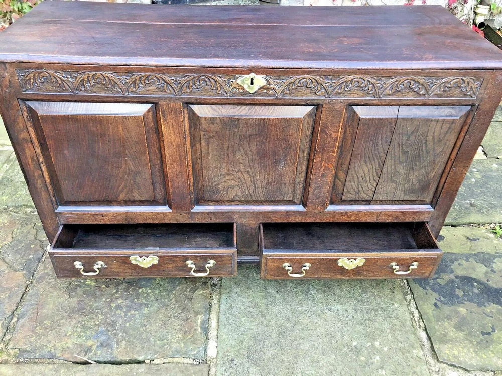Original English Carved Oak Antique Mule Dower Trunk Coffer Blanket Chest Circa 1700's