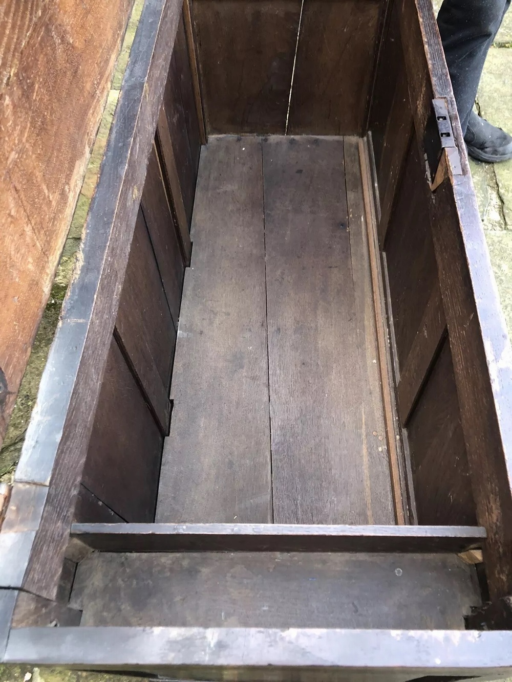 Original English Carved Oak Antique Mule Dower Trunk Coffer Blanket Chest Circa 1700's