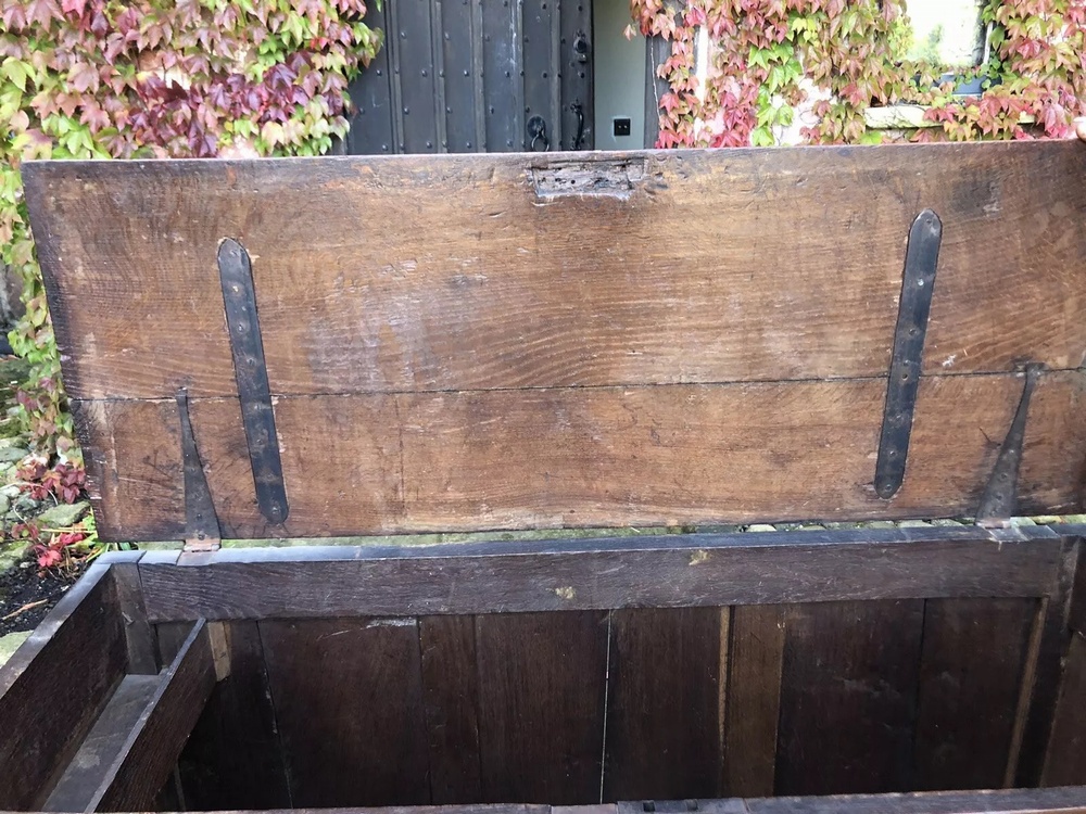 Original English Carved Oak Antique Mule Dower Trunk Coffer Blanket Chest Circa 1700's