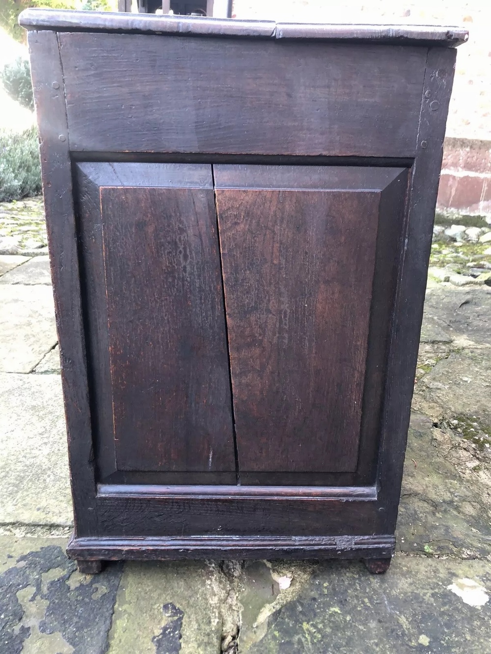 Original English Carved Oak Antique Mule Dower Trunk Coffer Blanket Chest Circa 1700's