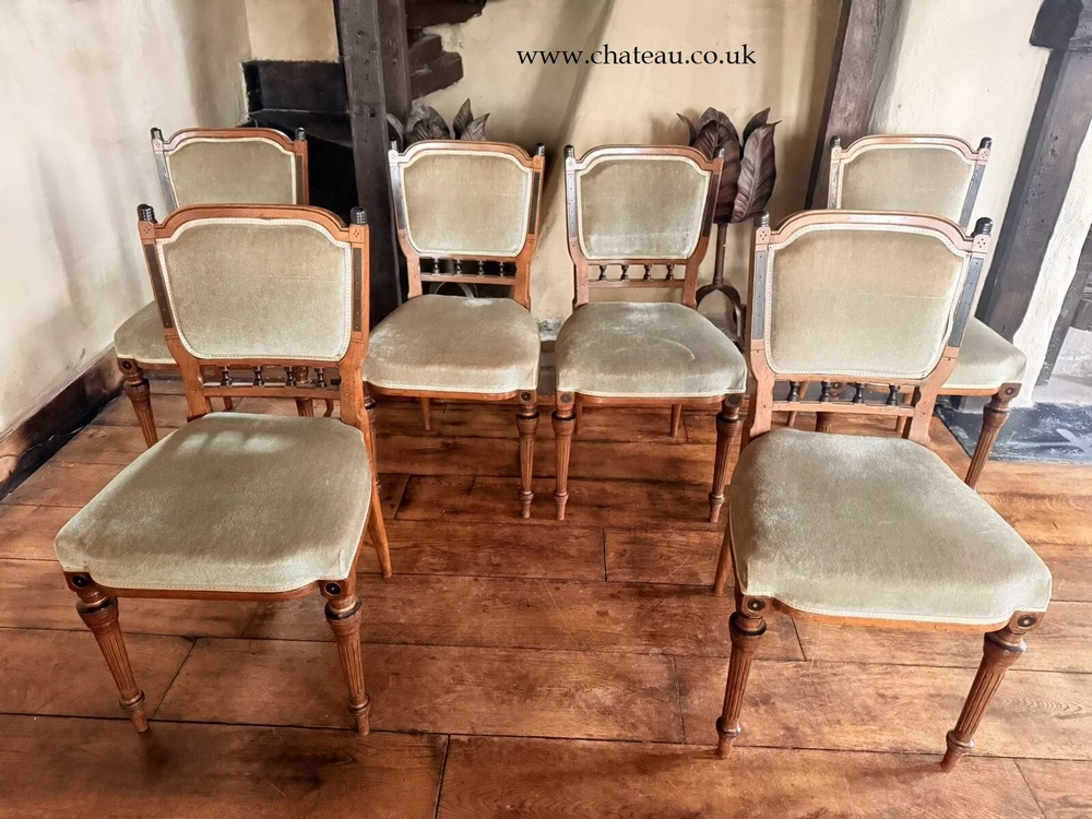 SOLD - Aesthetic Movement Set 6 Edwardian Antique Mahogany Diner Sage Velvet Green Dining Chairs