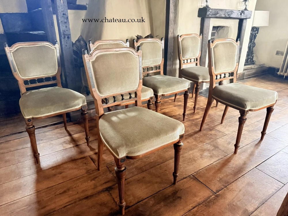 SOLD - Aesthetic Movement Set 6 Edwardian Antique Mahogany Diner Sage Velvet Green Dining Chairs