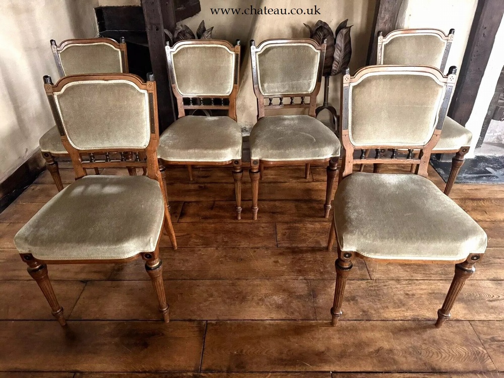 SOLD - Aesthetic Movement Set 6 Edwardian Antique Mahogany Diner Sage Velvet Green Dining Chairs