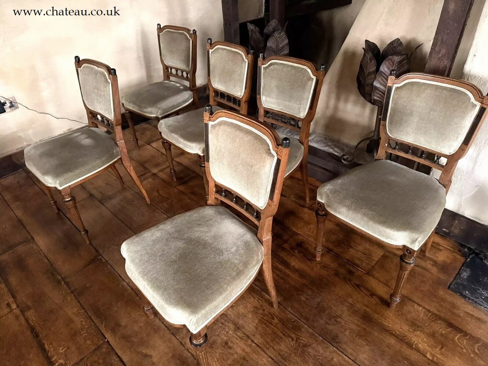 SOLD - Aesthetic Movement Set 6 Edwardian Antique Mahogany Diner Sage Velvet Green Dining Chairs