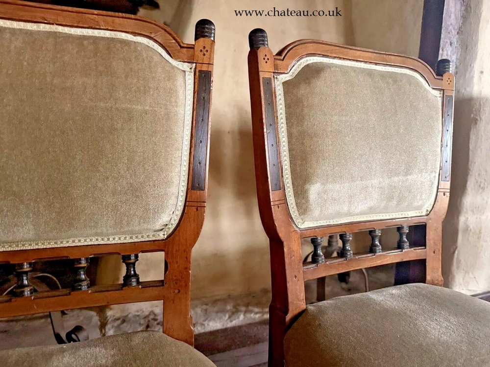 SOLD - Aesthetic Movement Set 6 Edwardian Antique Mahogany Diner Sage Velvet Green Dining Chairs