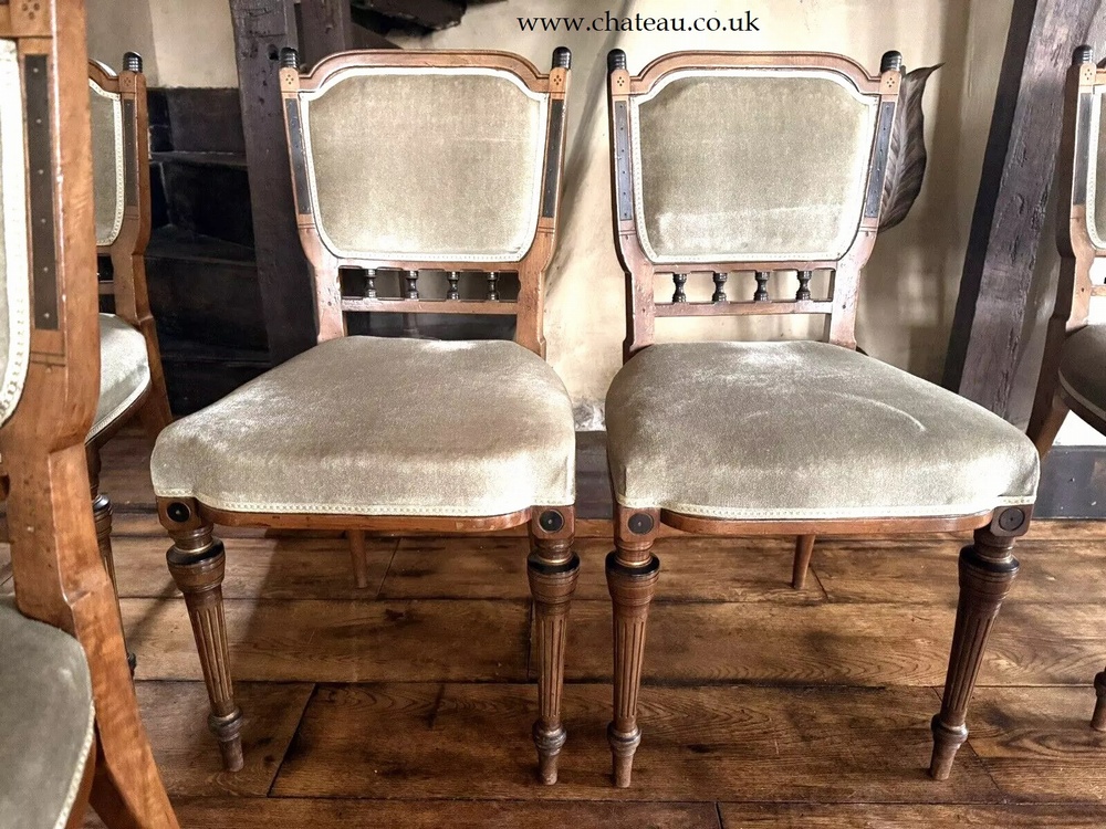 SOLD - Aesthetic Movement Set 6 Edwardian Antique Mahogany Diner Sage Velvet Green Dining Chairs