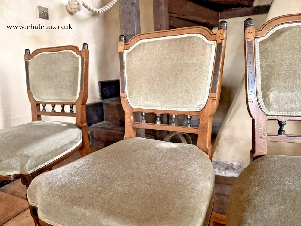 SOLD - Aesthetic Movement Set 6 Edwardian Antique Mahogany Diner Sage Velvet Green Dining Chairs