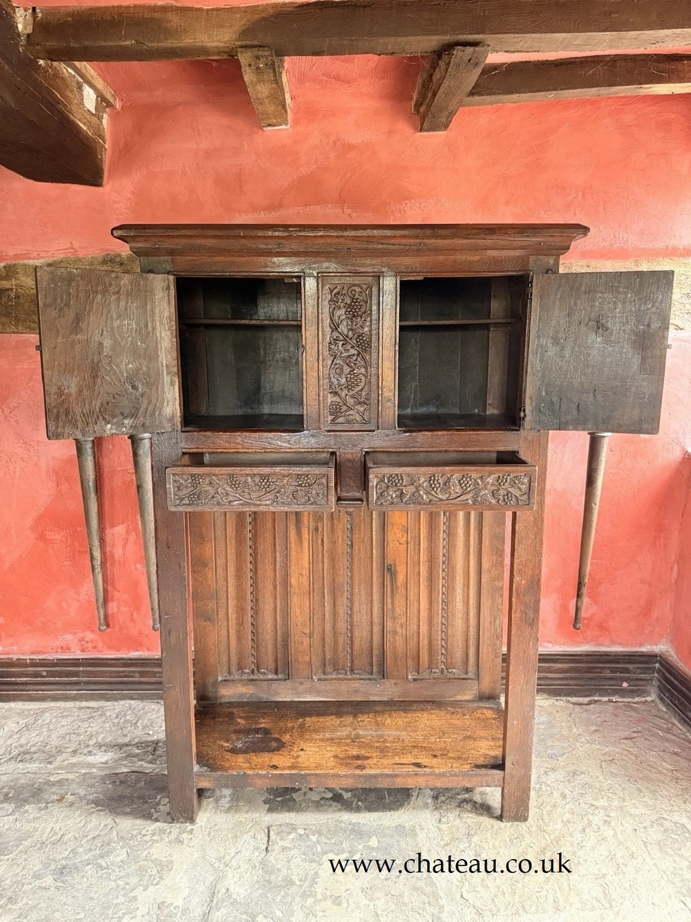 Rare English Antique Oak Carved Tall Large Floorstanding Cupboard Cabinet Dresser Buffet C 1700s