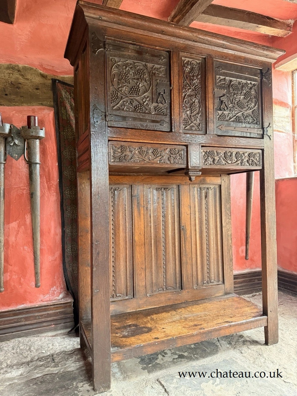 Rare English Antique Oak Carved Tall Large Floorstanding Cupboard Cabinet Dresser Buffet C 1700s