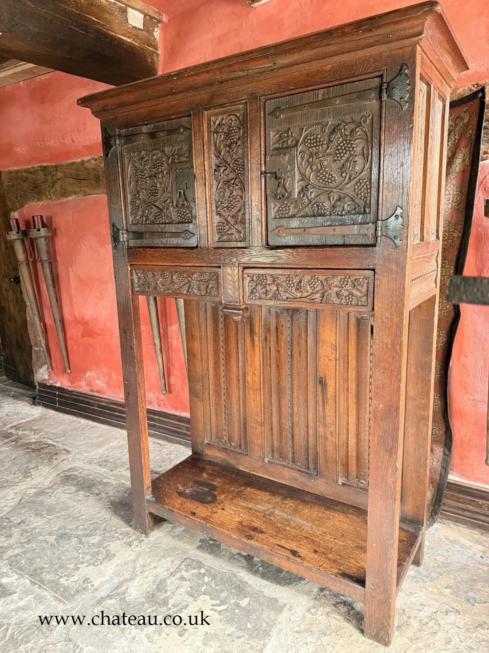 Rare English Antique Oak Carved Tall Large Floorstanding Cupboard Cabinet Dresser Buffet C 1700s