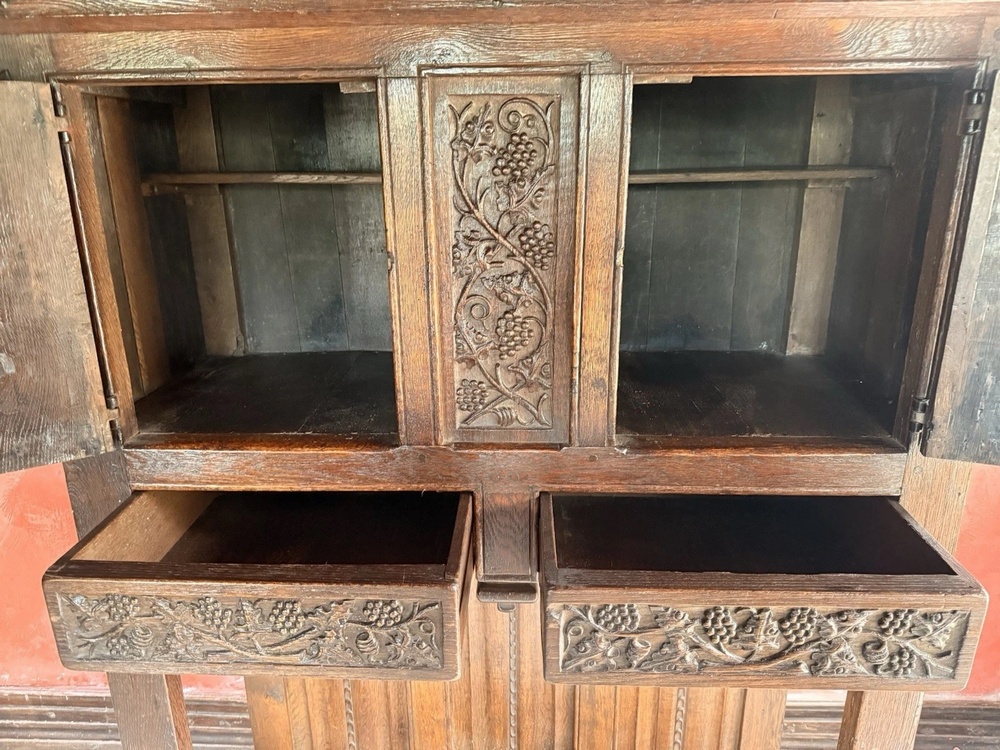 Rare English Antique Oak Carved Tall Large Floorstanding Cupboard Cabinet Dresser Buffet C 1700s