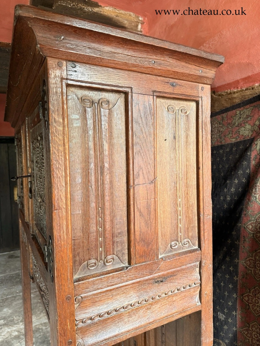 Rare English Antique Oak Carved Tall Large Floorstanding Cupboard Cabinet Dresser Buffet C 1700s