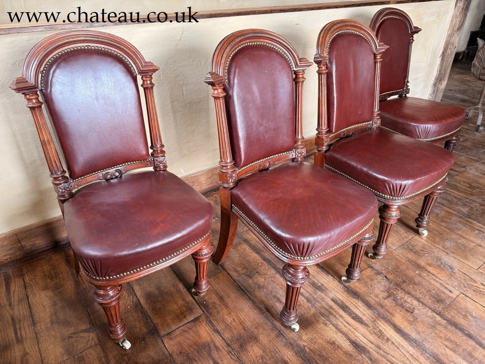 Set 4 Antique Red Aniline Red Leather Dining Chairs Manner - GILLOWS Circa 1860