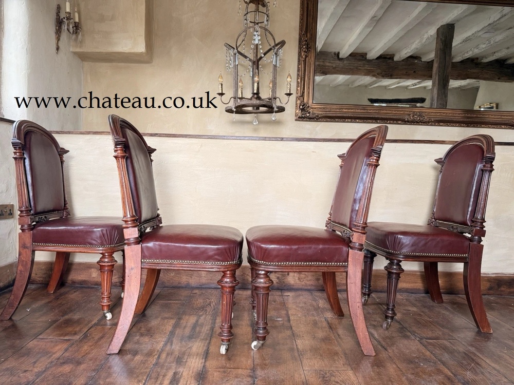 Set 4 Antique Red Aniline Red Leather Dining Chairs Manner - GILLOWS Circa 1860