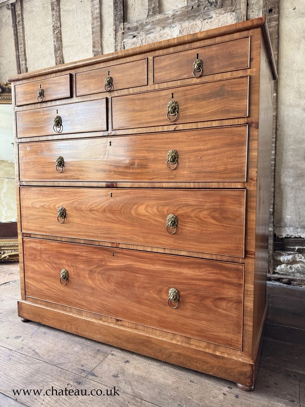 Original Rare Antique Large Crossbanded Lions Heads Chest Of Drawers C 1800's