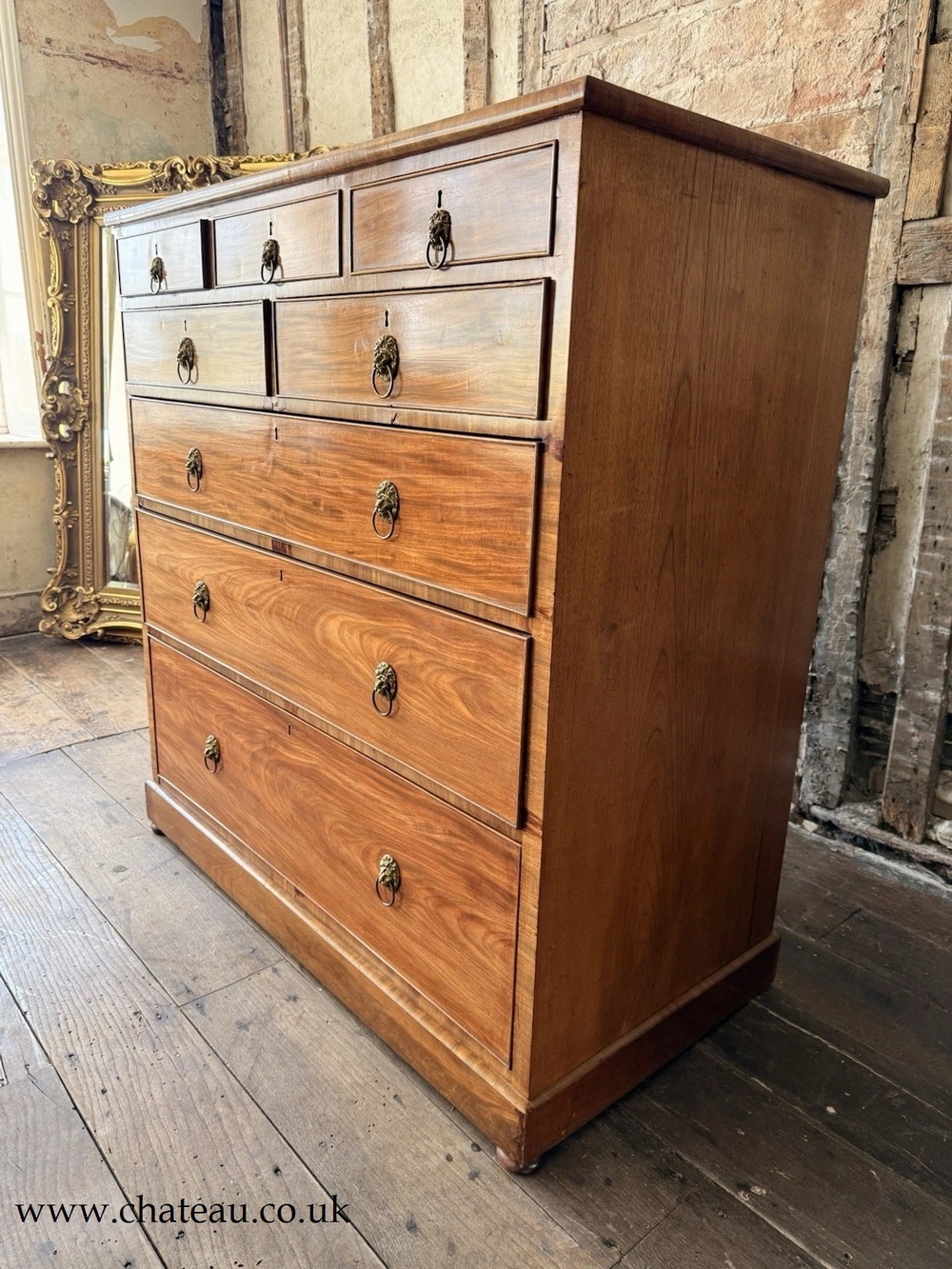 Original Rare Antique Large Crossbanded Lions Heads Chest Of Drawers C 1800's