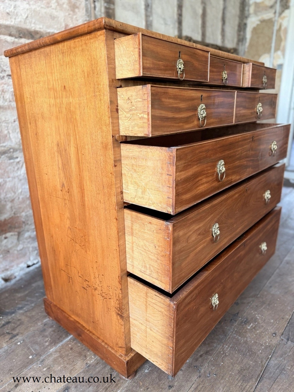 Original Rare Antique Large Crossbanded Lions Heads Chest Of Drawers C 1800's