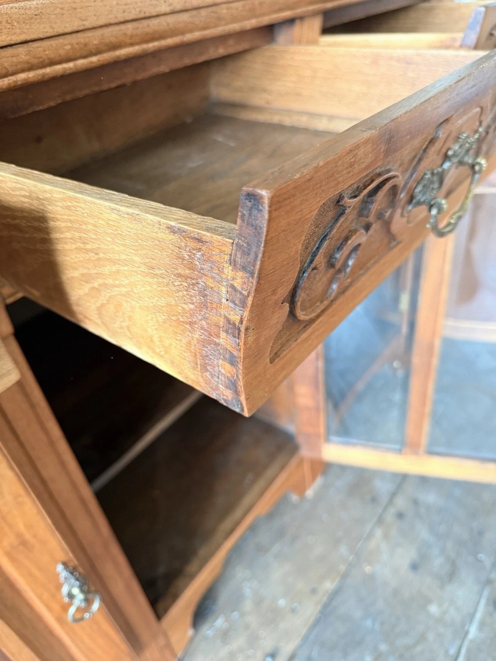 Original Heavy Antique Walnut Rustic Large Carved Dresser Sideboard Circa 1800s
