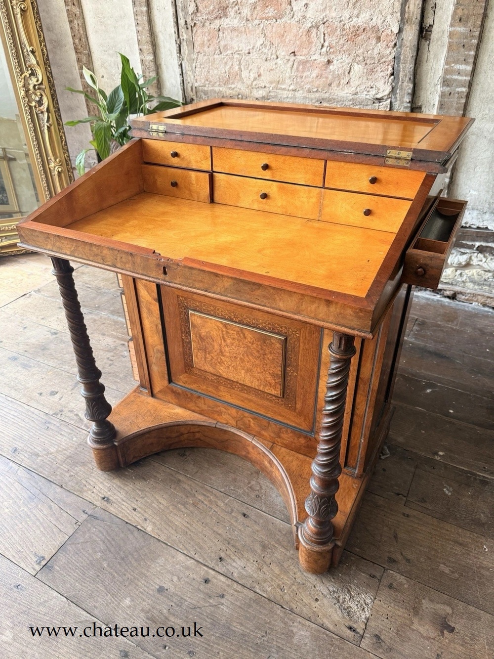 SOLD - are Large Unique Antique Walnut Burr Davenport Writing Leather Desk Circa 1840