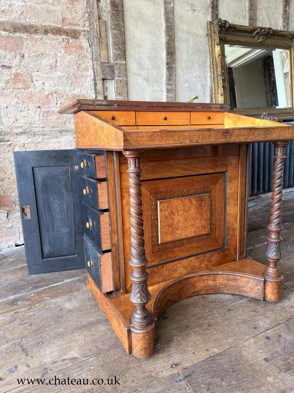 SOLD - are Large Unique Antique Walnut Burr Davenport Writing Leather Desk Circa 1840